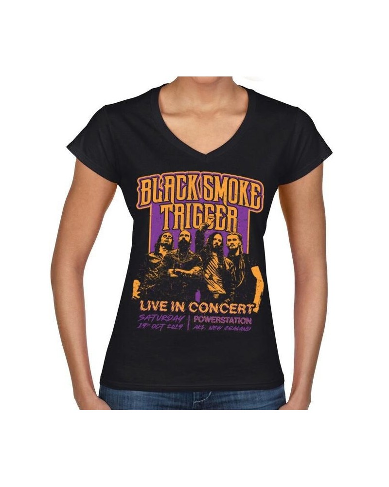 Black Smoke Trigger Retro Live In Concert Ladies V-Shirt - Purple/Gold $12.00 Shirts