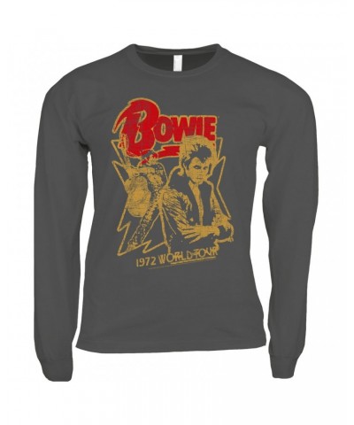 David Bowie Long Sleeve Shirt | 1972 World Tour Design Distressed Shirt $14.68 Shirts