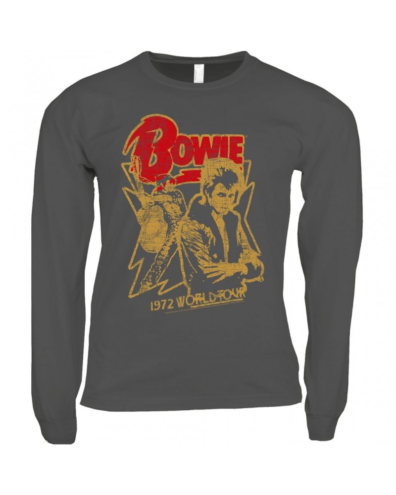 David Bowie Long Sleeve Shirt | 1972 World Tour Design Distressed Shirt $14.68 Shirts