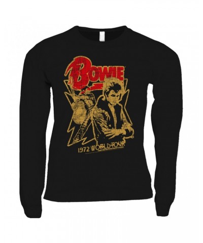 David Bowie Long Sleeve Shirt | 1972 World Tour Design Distressed Shirt $14.68 Shirts