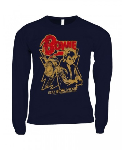 David Bowie Long Sleeve Shirt | 1972 World Tour Design Distressed Shirt $14.68 Shirts